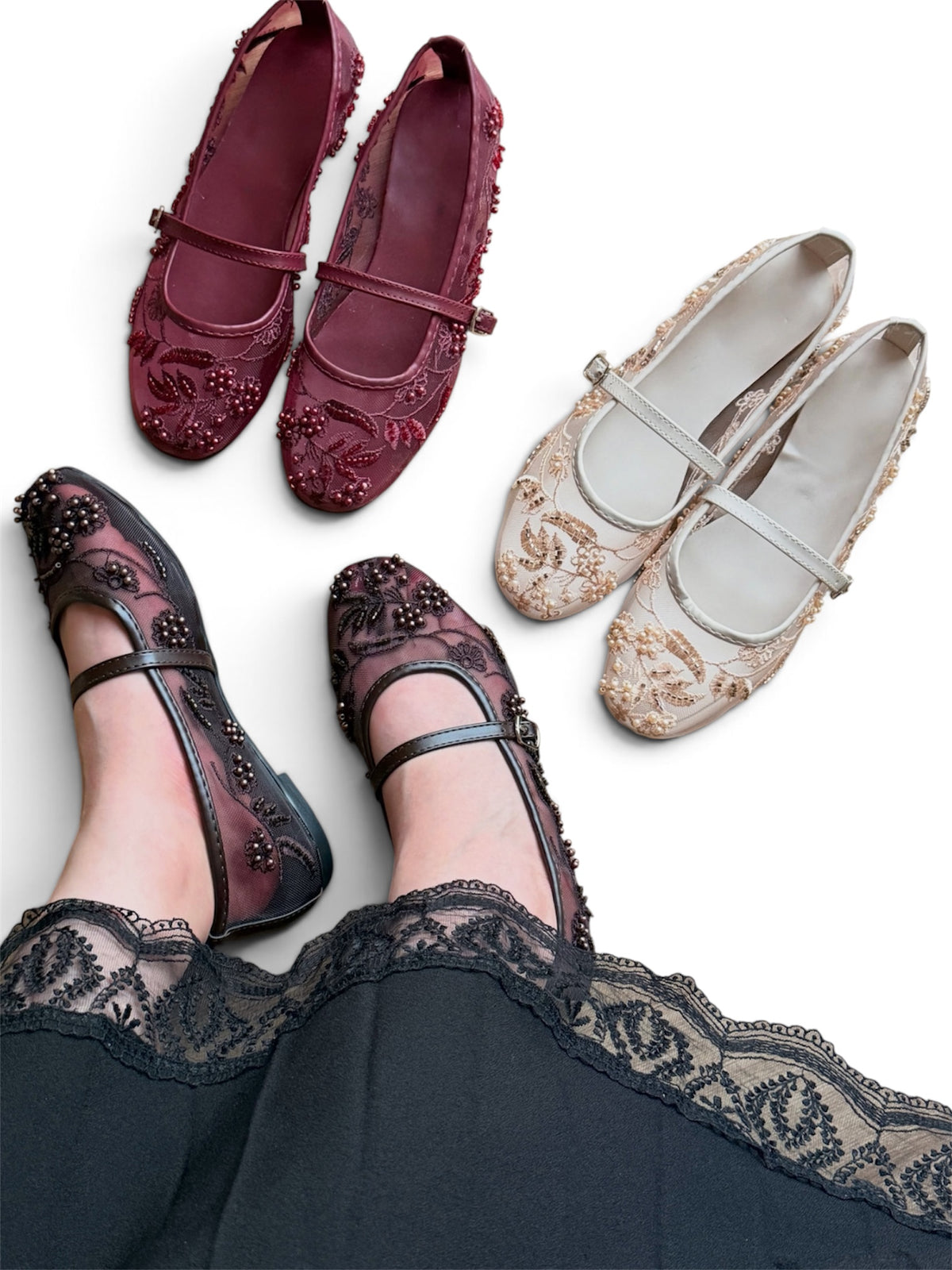 Cherry Mesh Embroidered Flat