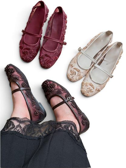 Cherry Mesh Embroidered Flat